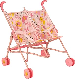 BabyBoo Twin Stroller | Childrens Double Stroller Pram In Pink Jungle | Tandem Pushchair For Childrens Baby Doll | Toy Umbrella Fold Stroller | Role Play Toy Dolls Buggy Pushchair | Ages 3+