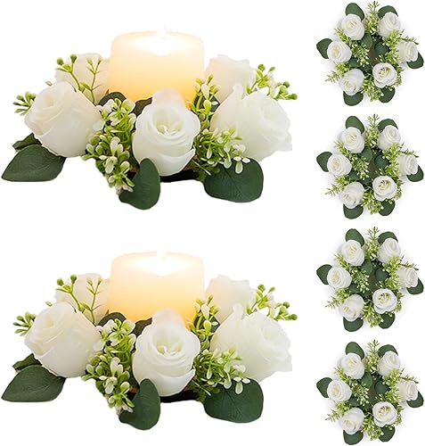 NUPTIO - Coronas de anillo pequeñas para velas, 6 piezas de 2.9 pulgadas de diámetro interior, blanco, rosas artificiales para centros de mesa,