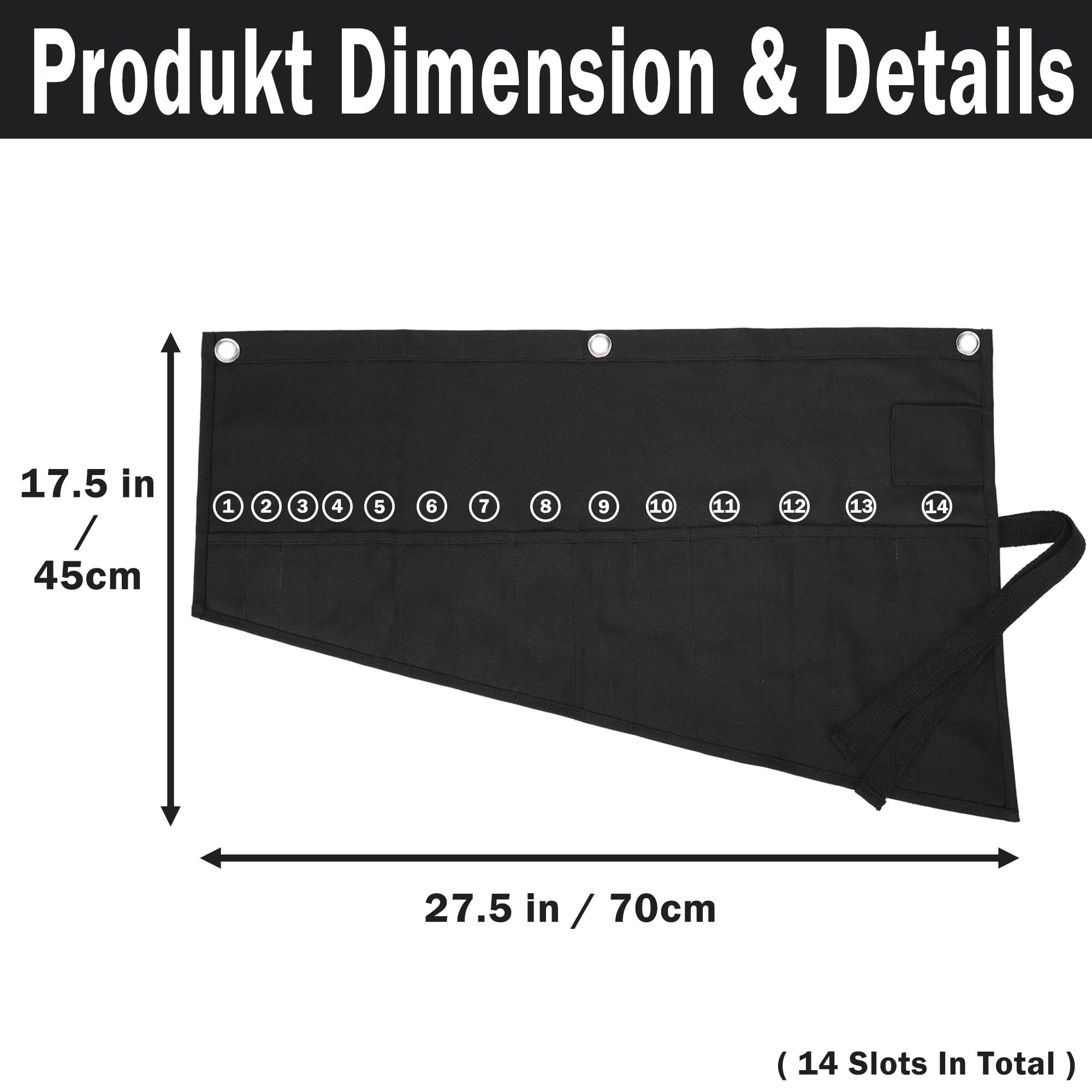 Tools Storage Pouch, Heavy Duty 16oz Waxed Canvas Roll-Up Wrench & Tool Pouch, Metric or SAE, Multi-Purpose - Black - Image 2
