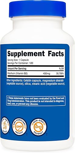 Miniatura 5 de Nutricost Vitamina B2 Riboflavina 400 mg 120 cápsulas 2 botellas