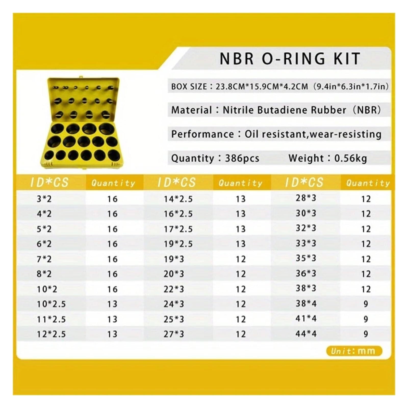 Anillo de goma negro, junta tórica de nitrilo de tamaño 30, arandela de sellado, junta tórica NBR, juego surtido rojo/azul/amarillo, caja,Material Confiable(Blue Set Kit Box)