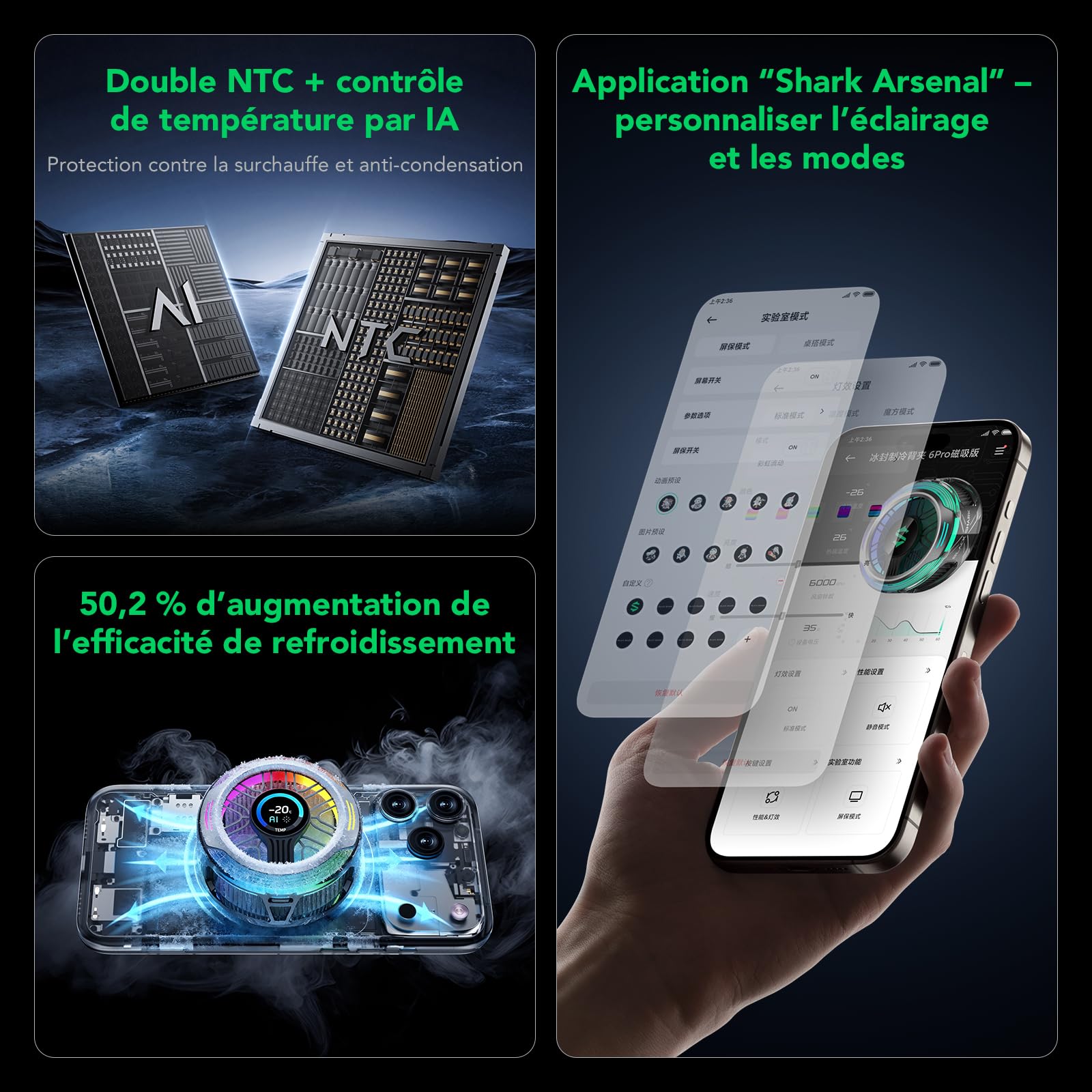 Black Shark Magnetic Phone Cooler 6 Pro – écran intelligent, anneau magnétique, LED RGB, ventilateur contrôlé par app pour iPhone MagSafe, Android et iPad – gaming, streaming
