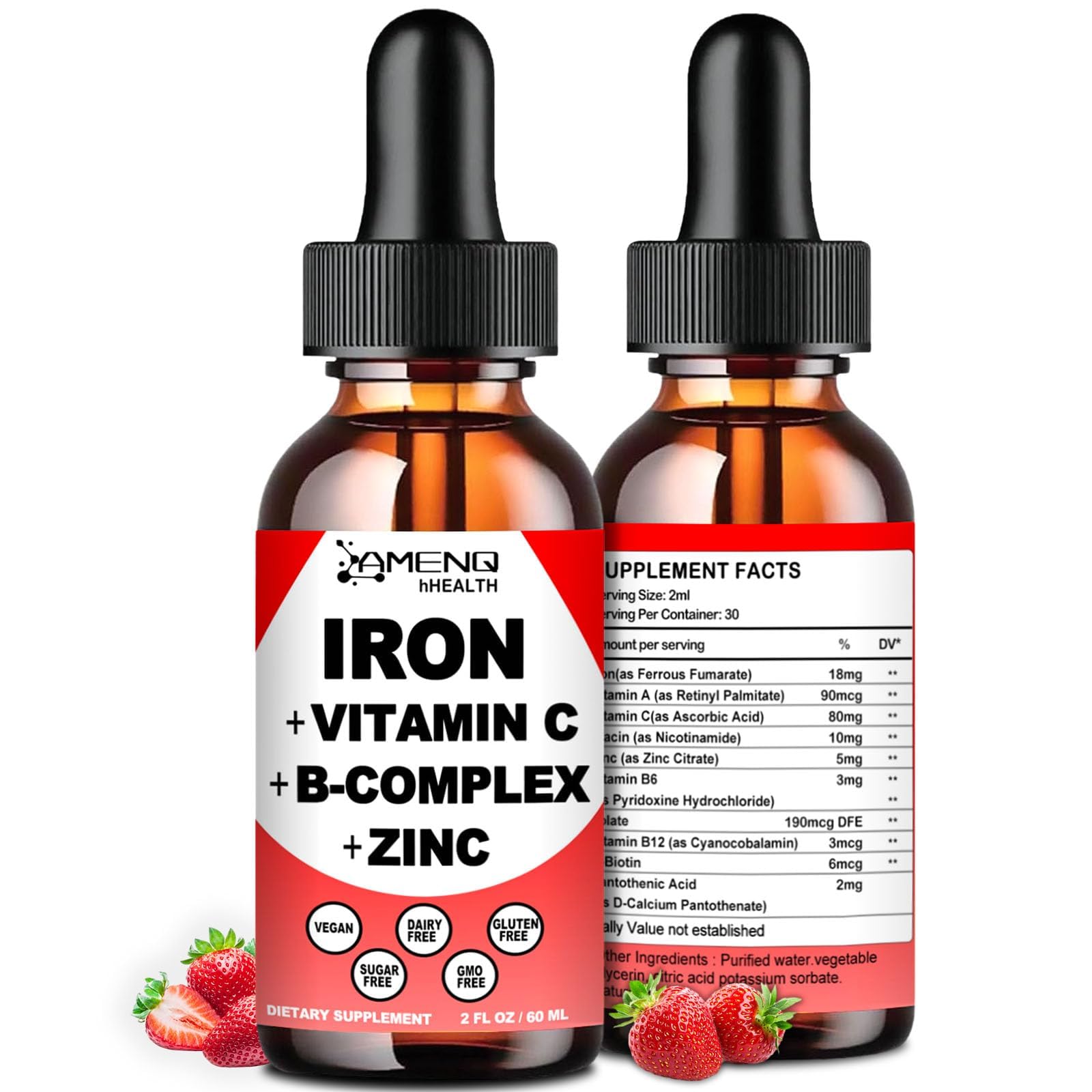 Liquid Iron Supplement w/Vitamin C, A, B-Complex, Vegan Iron Drops High Potency Liquid Vitamin & Iron Supplements for Women, Men & Children -Support Red Blood Cell, Energy, Anemia & Fatigue