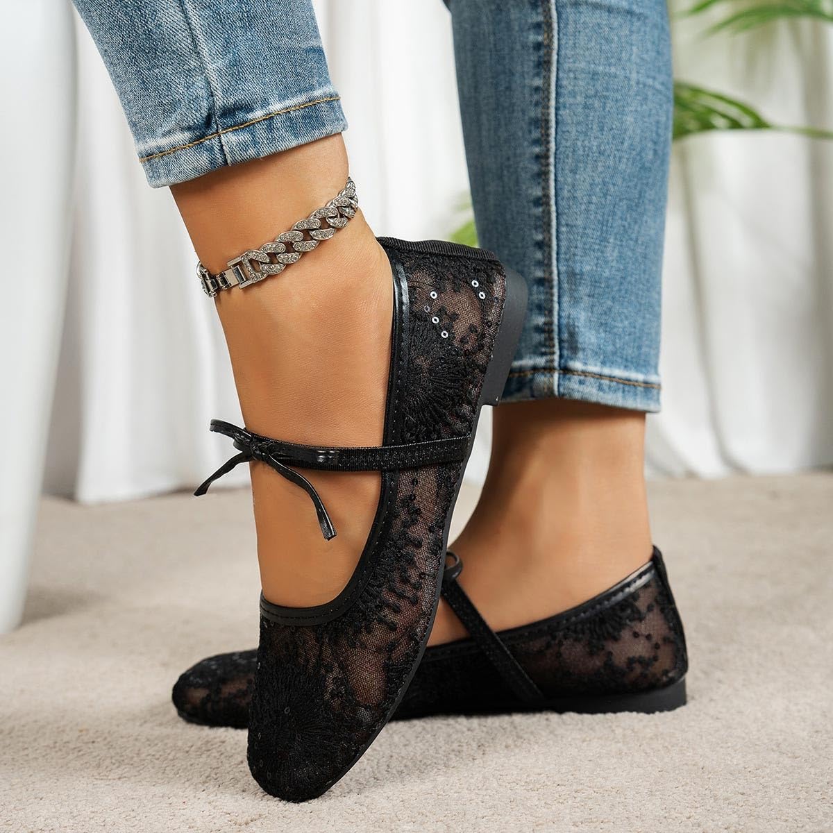 Women Sheer Lace Flats Bow Knot Strap Square Toe Mesh Ballerina Shoes Memory Foam Soft Comfy Vintage Embroidery Flats — view 2