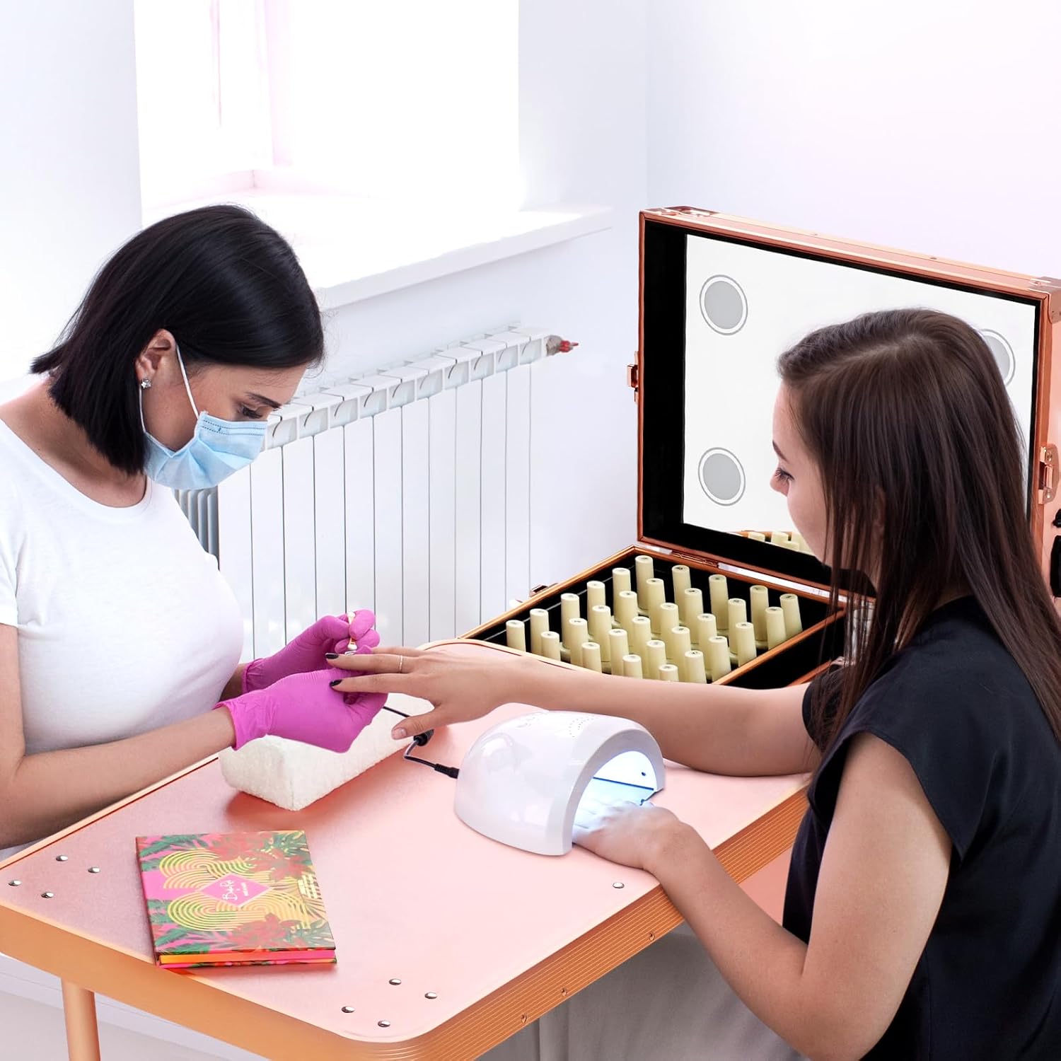 Rolling Manicure Table with LED Mirror, Portable Nail Desk Mobile Nail Station w/ Wrist Pad, Acrylic Case, Foldable Desk, & 4 Drawers, Travel Makeup Case Cosmetic Trolley on Wheels, Rose Gold