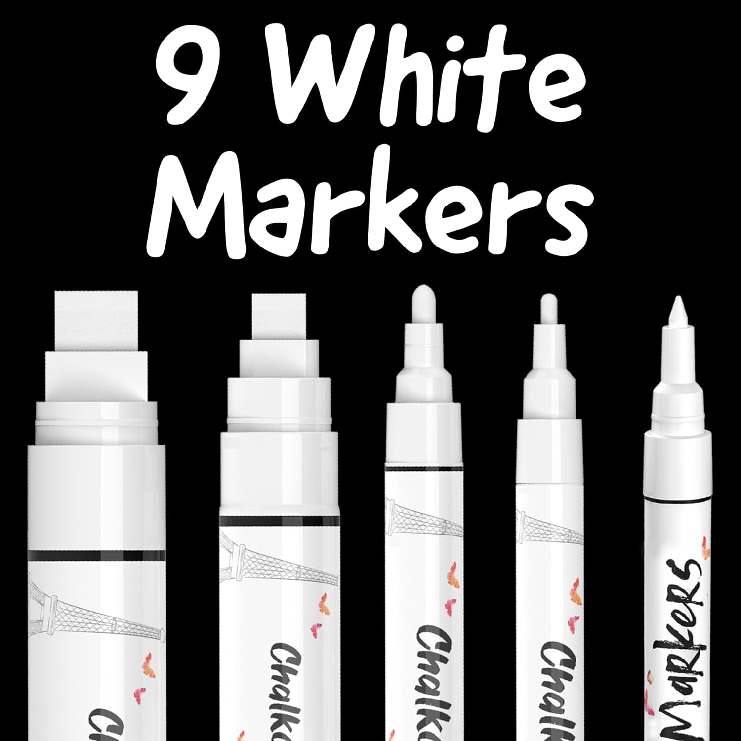 4 White 1mm + 5 White Variety Chalk Markers Bundle