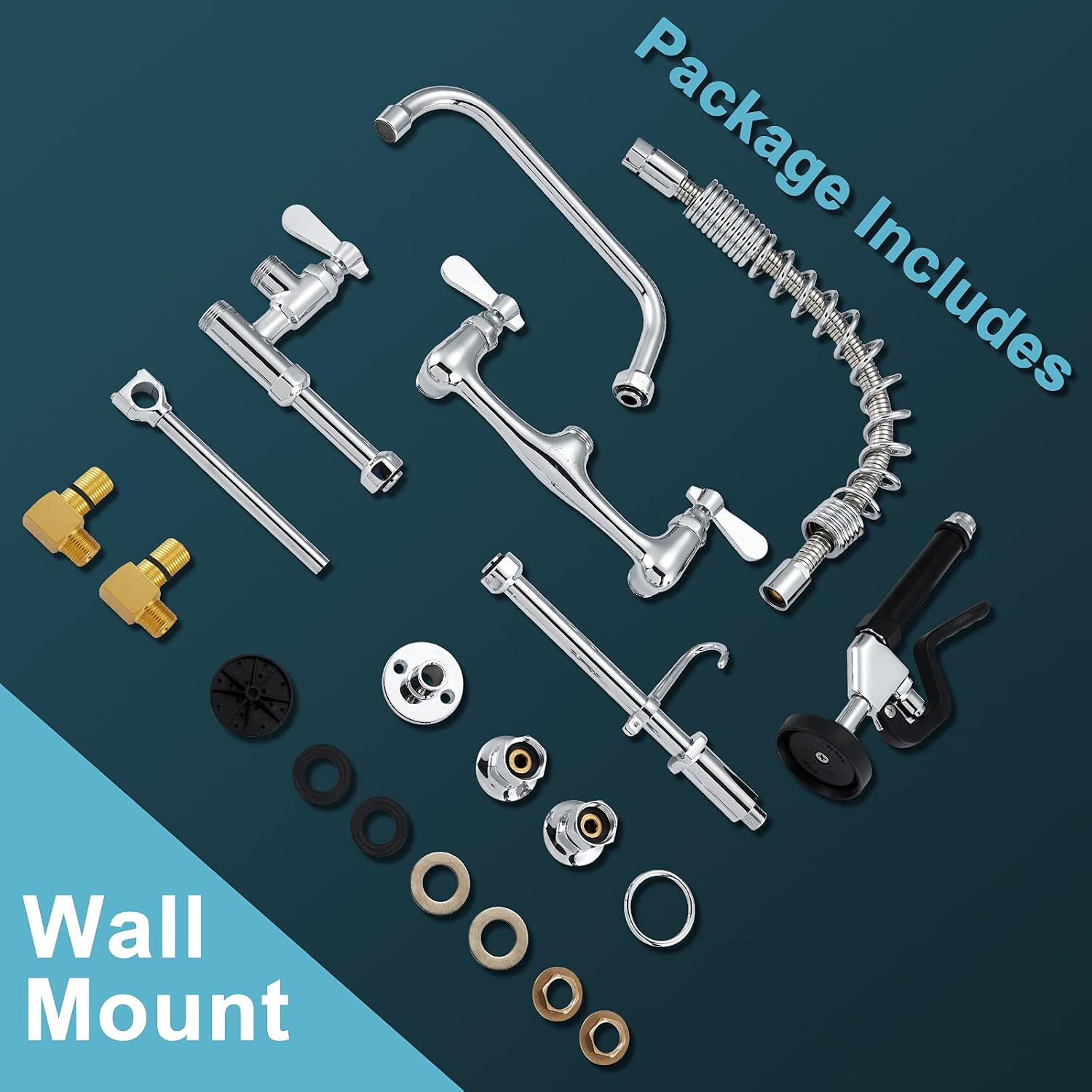 Commercial Sink Faucet with Sprayer 36 Inches Height Wall Mount Kitchen Sink Faucet with Pull Down Pre-Rinse Sprayer and 12" Swivel Spout 8 Inch Center for Compartment Sink