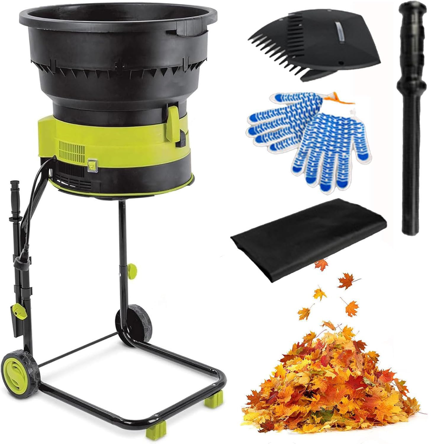 Trituradora eléctrica de hojas, trituradora de jardín de 2500 W con ruedas y bolsa, 8000 rpm para limpieza de patio y compostaje