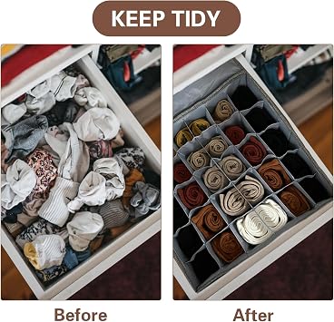 PINGMIC Gray Sock Organizer Divider 1 Pack with Lid - 30 Cell Foldable Closet Storage, Tie Organizer For Men Boxes for Socks, Ties, Belts