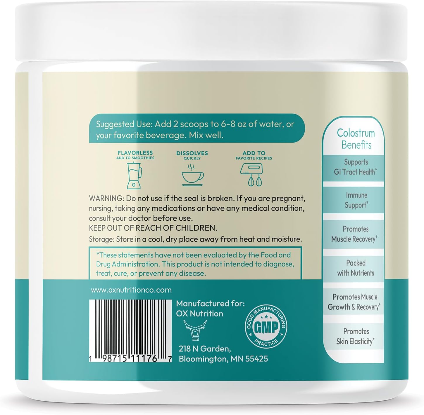 OXNUTRITION Colostrum Powder for Gut Health, Immune Support, Muscle Recovery, Hair & Beauty | Pure Gress Fed Bovine Colostrum for Humans, Natural IgG, Unflavored, 60 Servings
