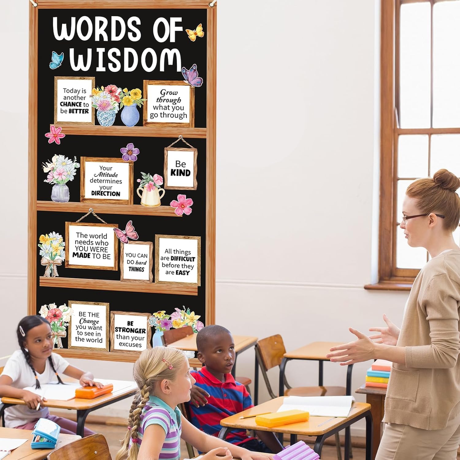 School Classroom Door Decor Spring Bookshelf Door Cover Words of Wisdom Banner Inspirational Quotes Classroom Decoration Butterfly Hanging Backdrop for Party Home Wall Decor