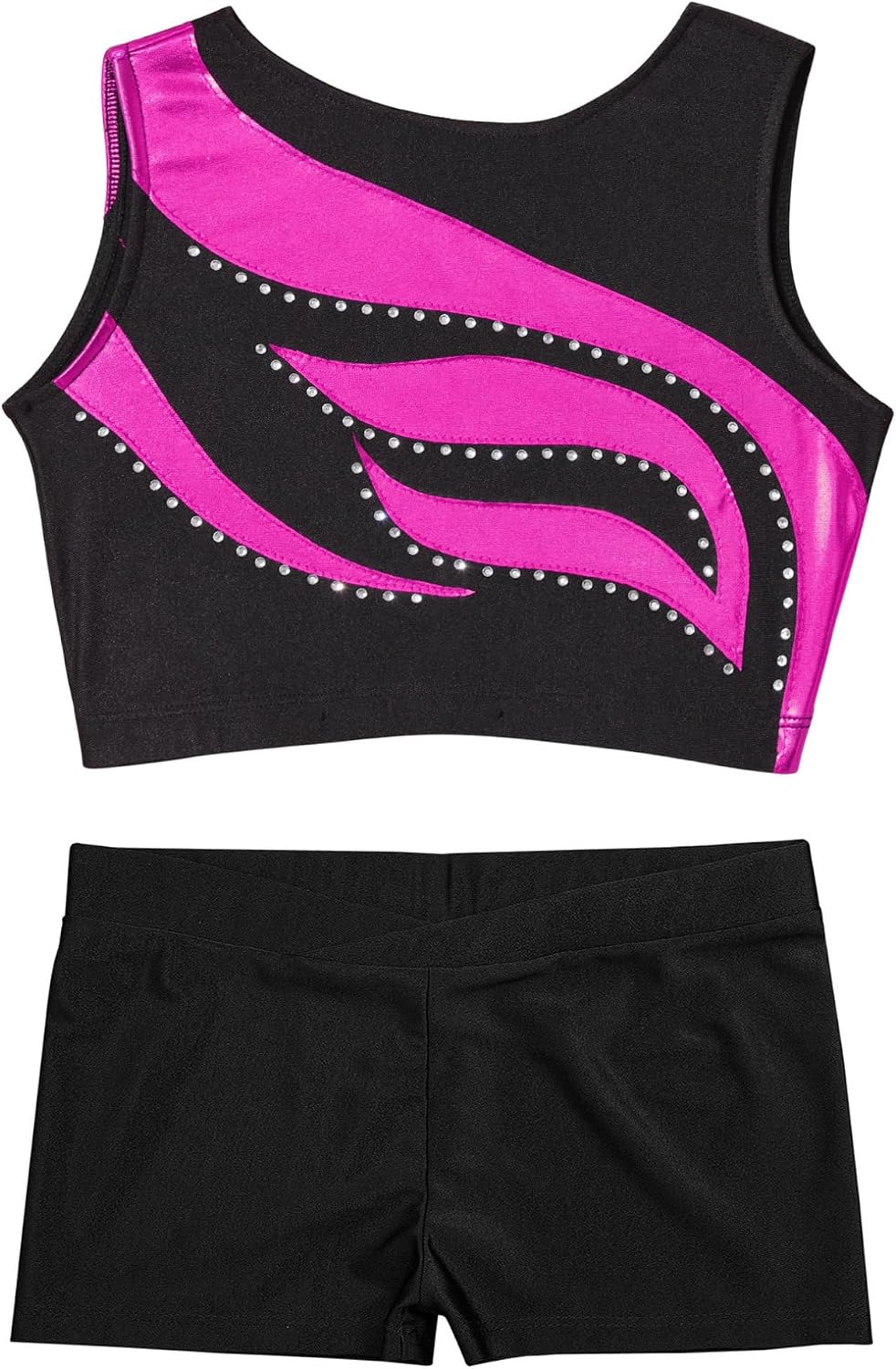 Hularka Kids Girls Sparkly Rhinestone Sleeveless Dance Crop Top with Athletic Shorts Set Swimwear Tracksuit Activewear