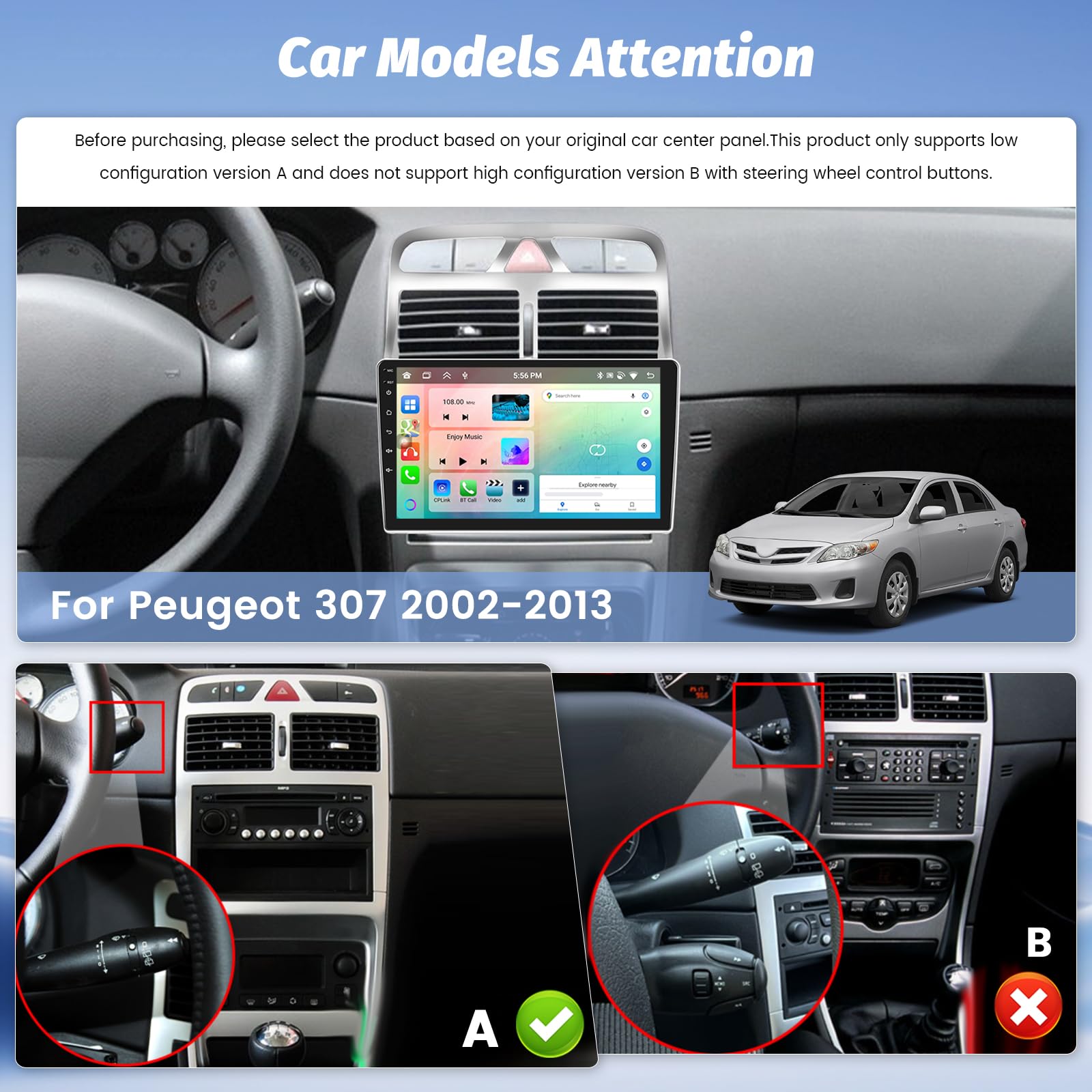 Radio Android Para Peugeot 307 (2007-2013) - Pantalla Táctil 9", 4GB+64GB, CarPlay/Android Auto Inalámbrico, Cámara Trasera