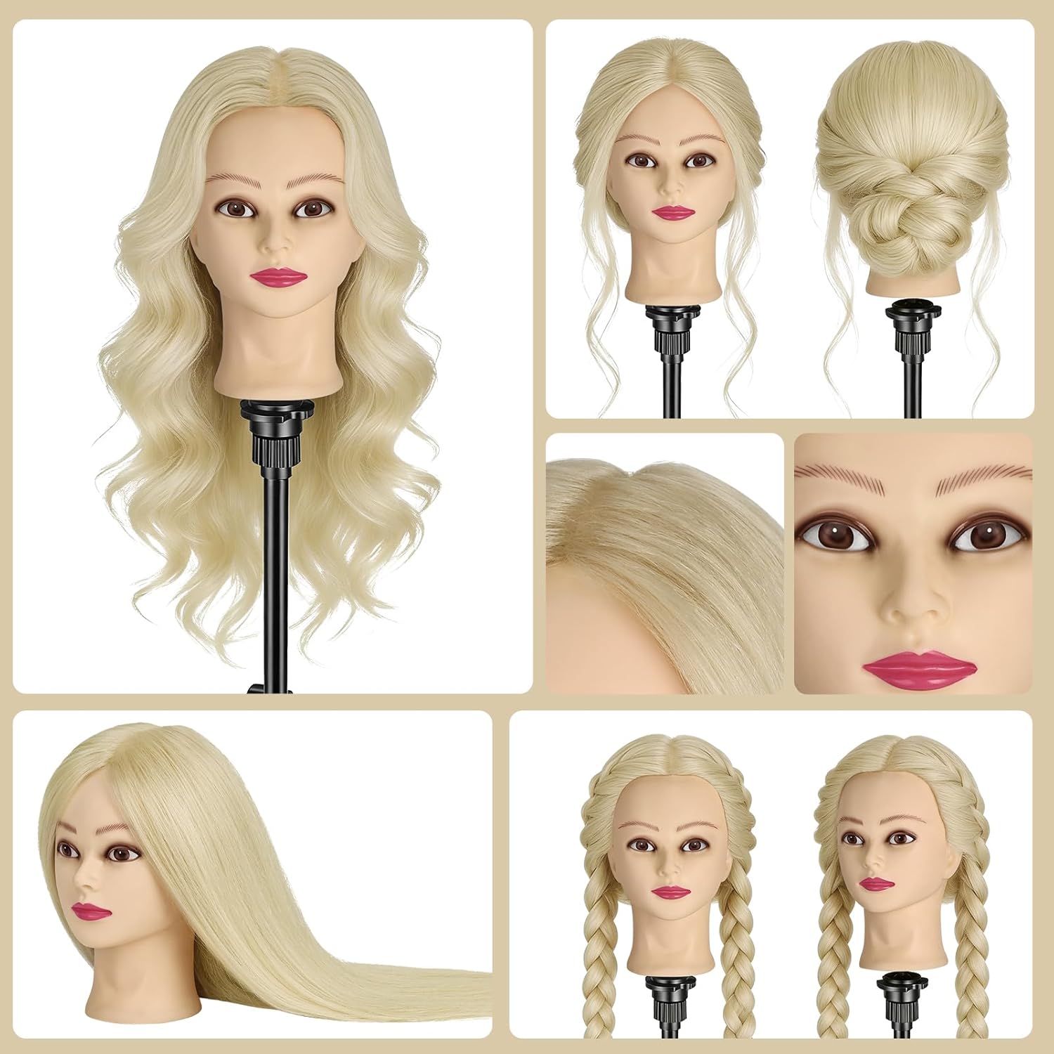 Mannequin Head with 90% Human Hair, 24" Hair Doll Head for Cosmetology & Hairdresser,Real Hair Manikin Doll Styling Head,Hairdressing Training braiding Head with Table Clamp+Styling Set