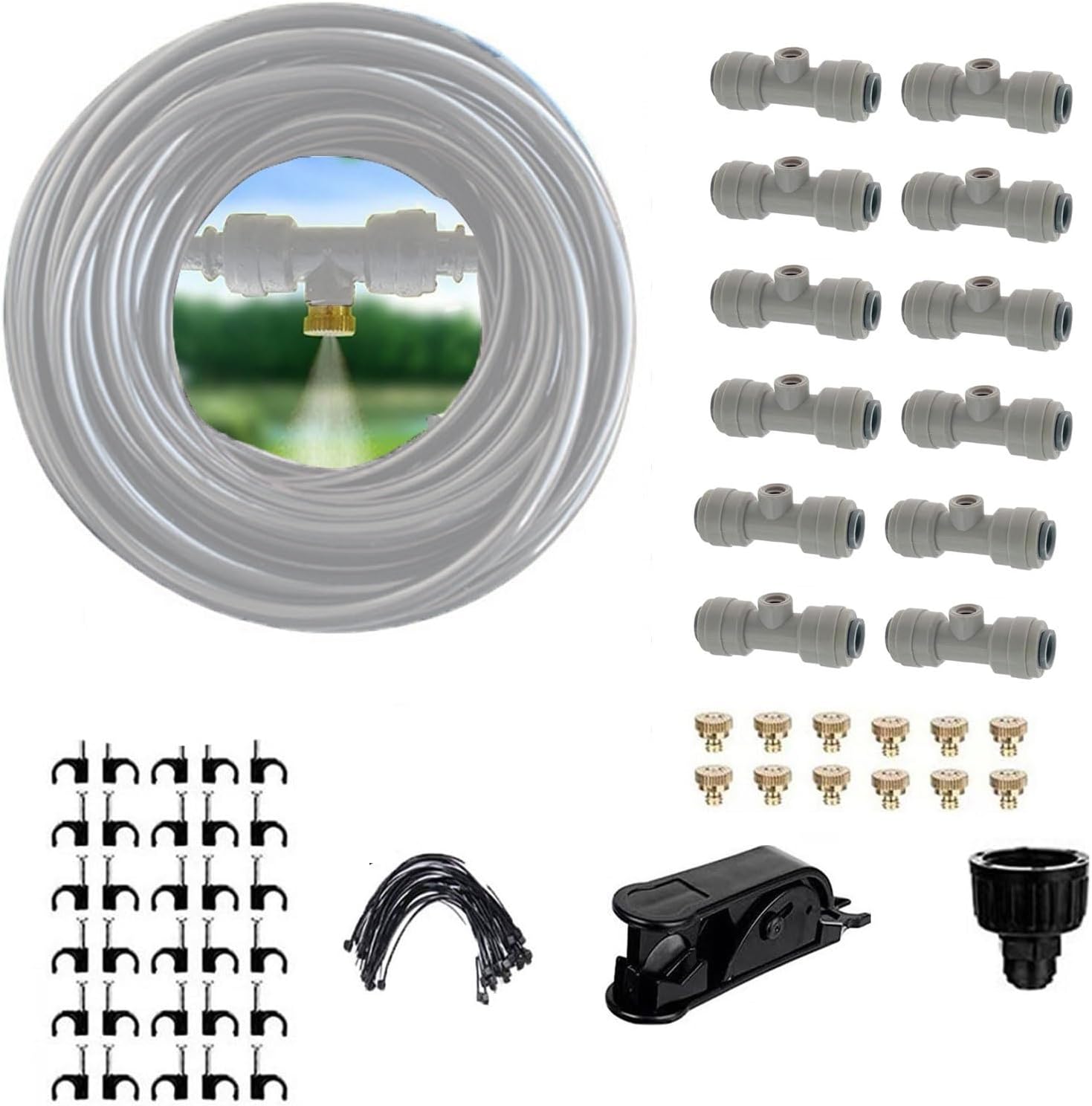 Spray Mist Cooling Set with Brass Fog Nozzles, Outdoor Mister System, Micro Spray Misting Drip Kit for Backyard, Garden, Greenhouse, Umbrella, Deck, Canopy, Pool, Porch (Size : 20M(65.6ft)+30 nozzles