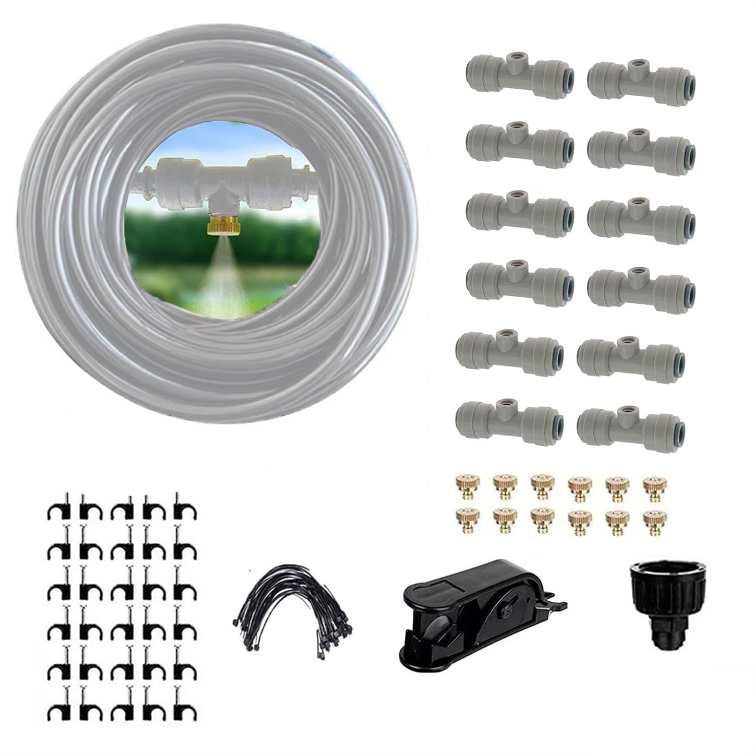 Spray Mist Cooling Set with Brass Fog Nozzles, Outdoor Mister System, Micro Spray Misting Drip Kit for Backyard, Garden, Greenhouse, Umbrella, Deck, Canopy, Pool, Porch (Size : 26M(85.3ft)+42 nozzles