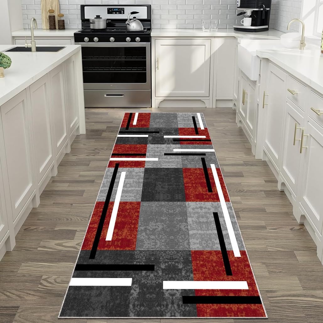 Runner Rugs for Hallway Red 2'X3' Geometric Non-Slip Washable Kitchen Long Carpet, Indoor Corridor Short Pile Entrance Decor Mat