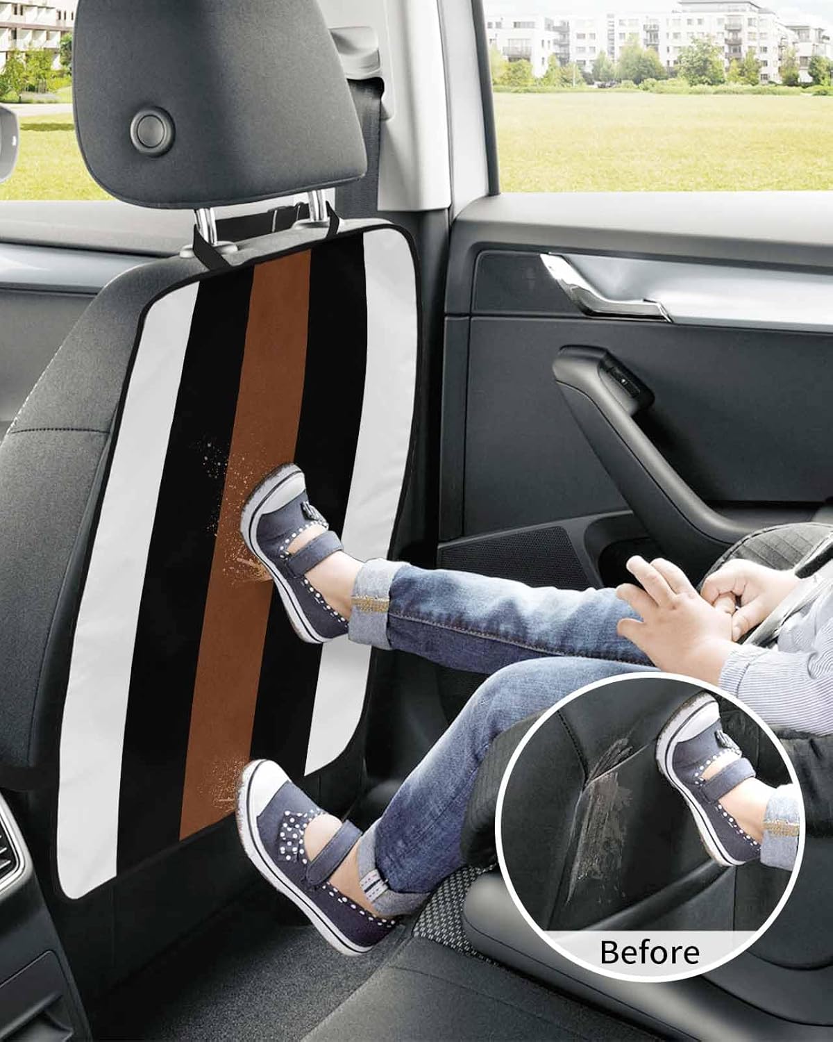Car Seat Protector, 2 Pack Kick Mats Back Seat Protector Boho Black Brown and White Striped Tribal Farmhouse Style Waterproof Backseat Cover for Kids Universal Fit Automotive Interior Protectors