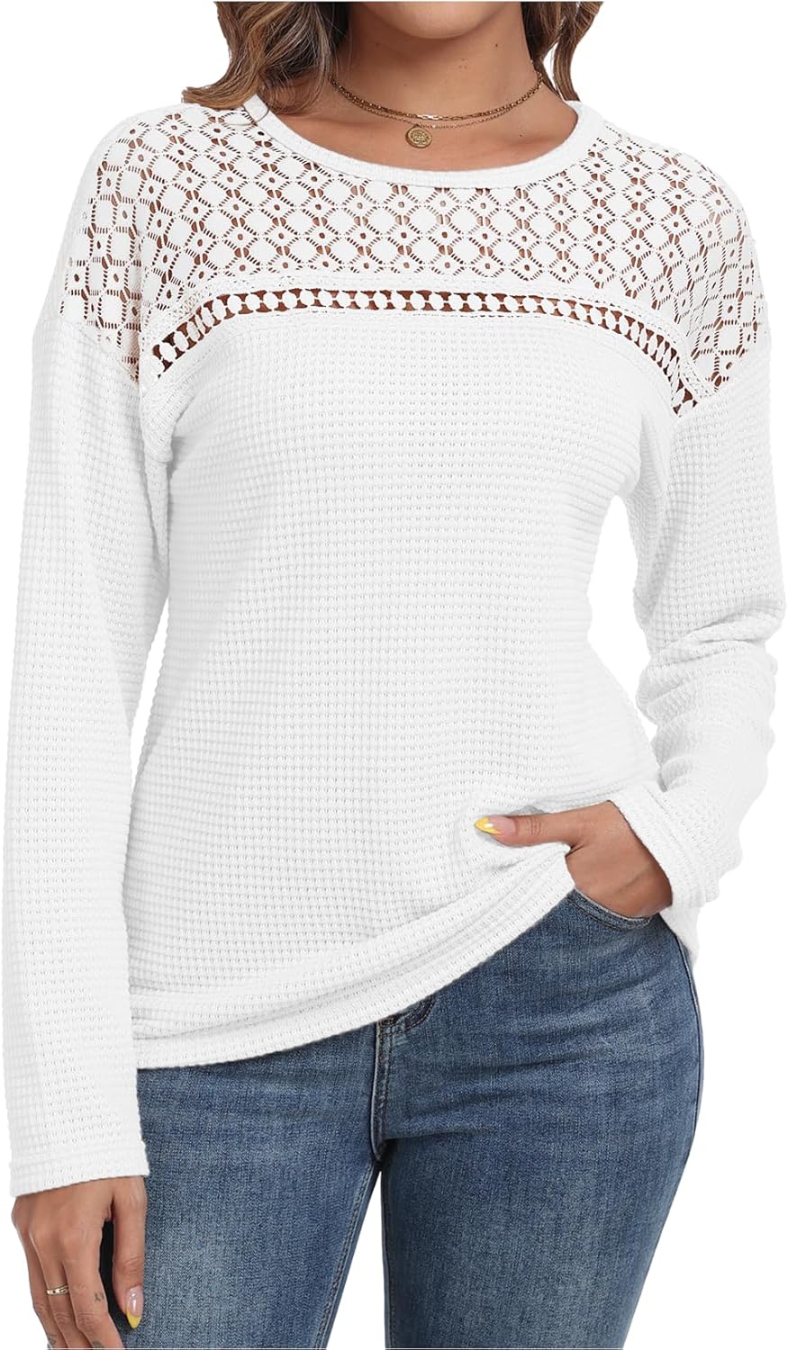 Waffle Knit Tops Women Lace Crew Neck Long Sleeves Shirts Dressy Casual Blouses Basic - Image 6