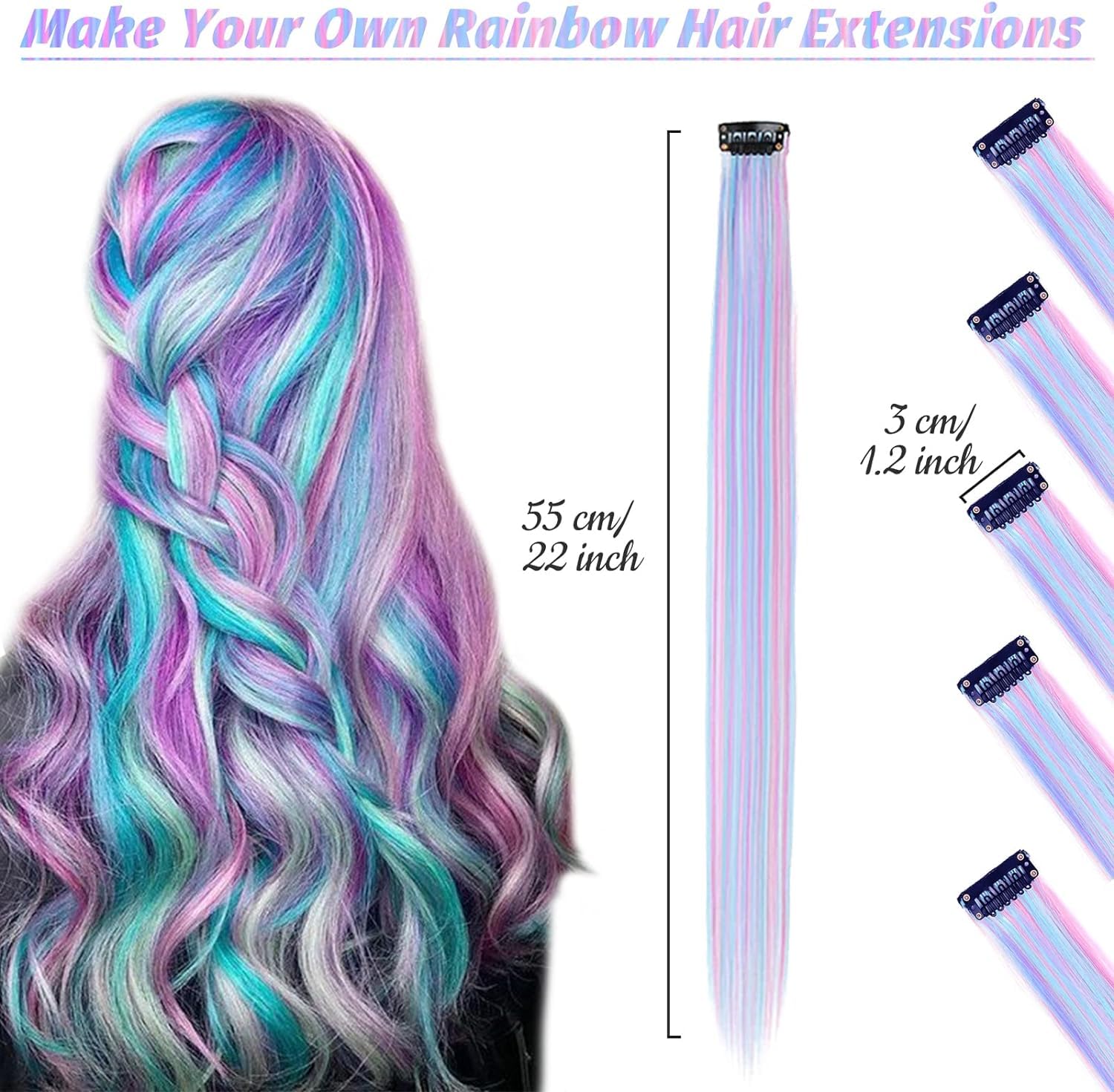 AOOSA 16 Pezzi Extension Capelli Colorati Con Clip, 55 cm Hair Extensions, Extension Capelli Clip per Bambini Ragazze Donne Cosplay Festival Feste Halloween