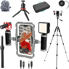 Movo Kit de filmagem iFilmer-PRO com tripé completo para iPhone/Android - USB-C/Lightning YouTube Starter Kit para criadores de conteúdo - Acessórios: tripé de telefone, suporte para telefone, luz RGB