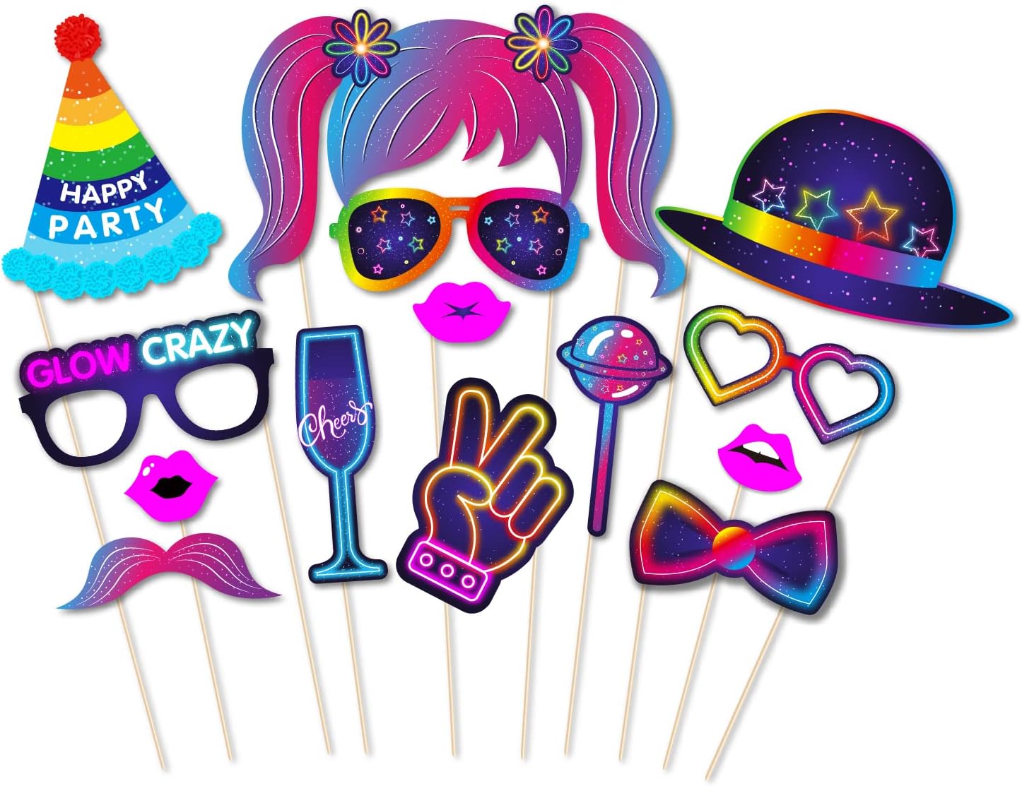 25Pcs Neon Photo Booth Props Glow Party Photo Booth Accessories for Birthday Wedding Christmas Carnival Party Supplies Decoration Funny Selfie Props - Image 3
