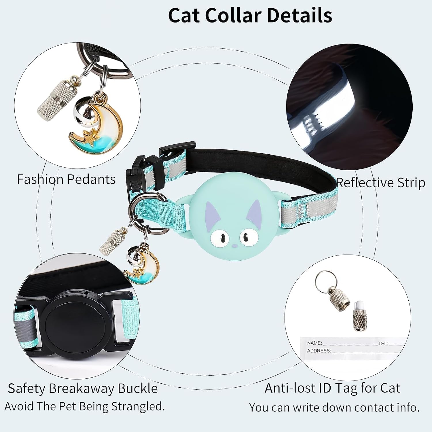 Reflective Breakaway Cat Collar for AirTag (1st & 2nd Gen) Holder - Waterproof Safety Buckle Kitten Collar with Bell, Luminous Lightweight GPS Tracker Case for Apple for Air Tag (Mint Green) image 2