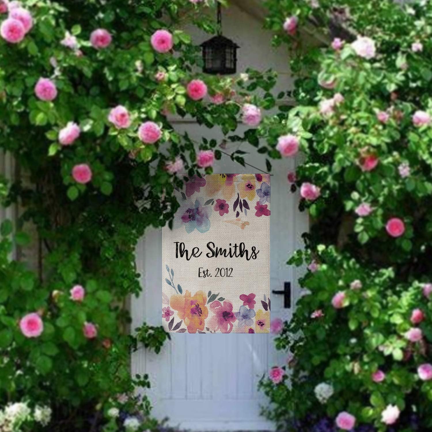 Smile Personalized Spring Easter House Flag, Customized Family Last Name and Year Flower Wreath, Double Sided 28 x 40 Inch Rustic Farmhouse Burlap Yard Outdoor Decoration