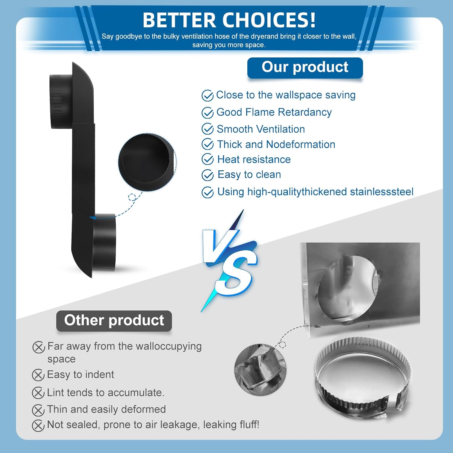 Periscope Dryer Vent Kit, 2 Fixed Sizes 6.5" & 12" Flat Slim Stainless Steel Dryer Vent Duct, Space Saver 4-Inch Dryer Connector Compatible with Whirlpool and Major Brands, Includes Foil Tape