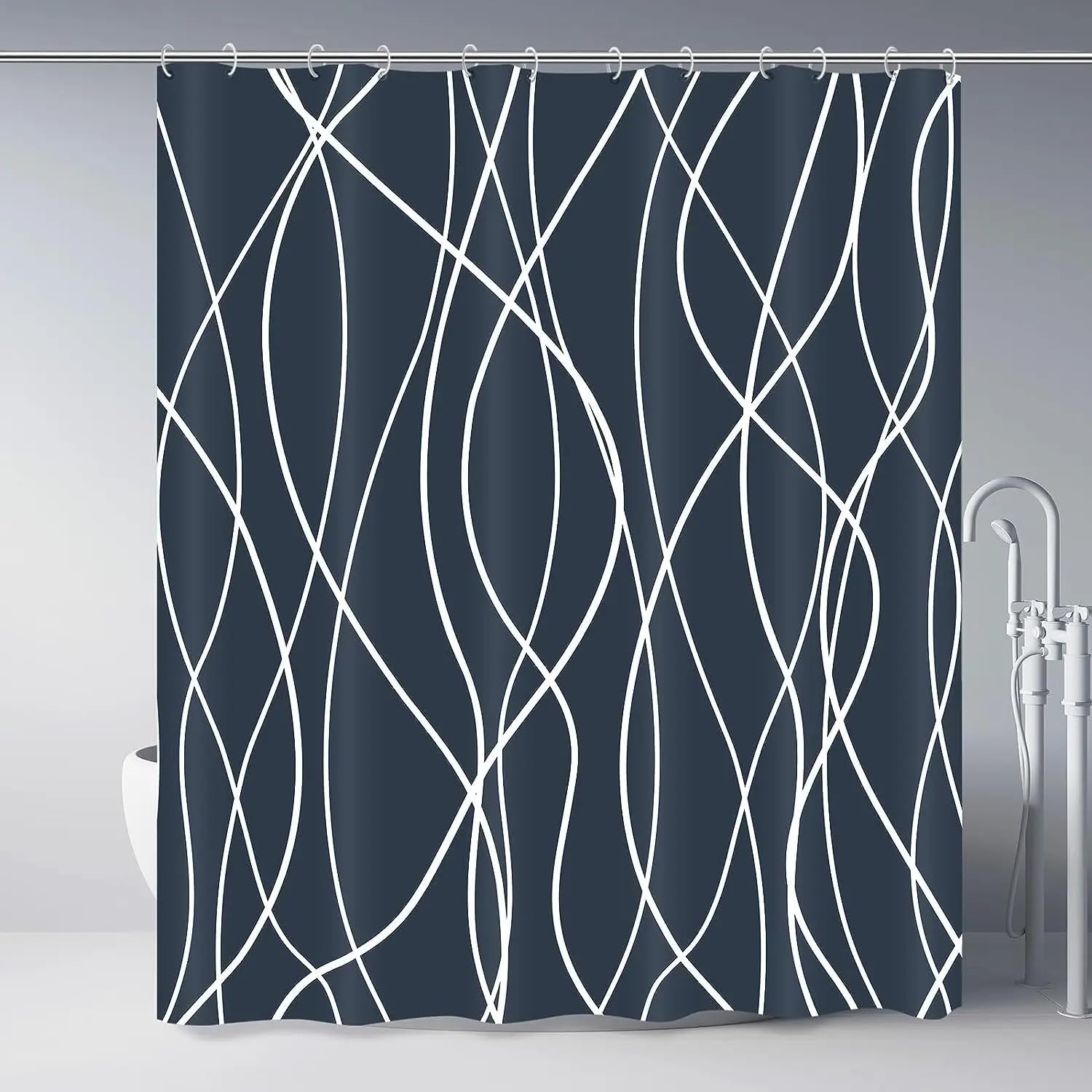 Cortina de Ducha 240 x 200 cm Azul Marino con Ganchos, Diseño Geométrico de Rayas Onduladas Blancas, Impermeable, Moderna y Sencilla, de Tela, Lavable A Máquina, 240 x 200 cm (1 Paneles).