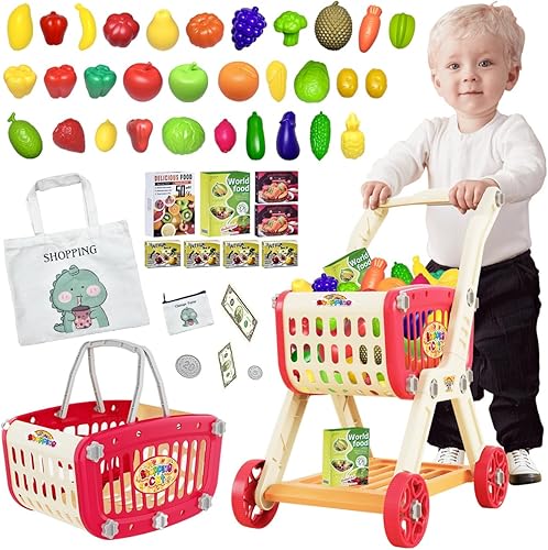 Carrito de compras para niños con comida de simulación y accesorios, carrito de compras de juguete para niños y bebés con alimentos de juego,