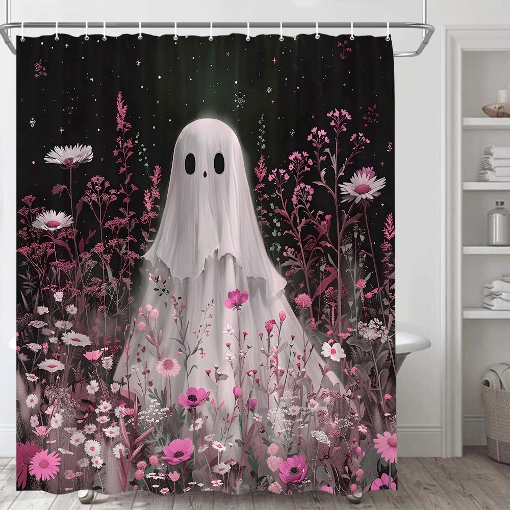 Ghost Floral Shower Curtain Halloween Spooky Black Starry Sky Cartoon Ghost Purple Daisy Floral Leaves Wildflower Rustic Plant Leaf Botanical Nature Garden Polyester Fabric Bathroom Curtain with Hooks