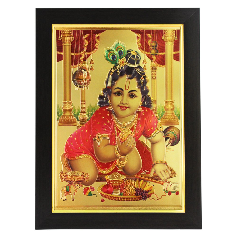 SHREE GANESH ENTERPRISE GIFTING SOLUTIONS Wood Gold Plated Photo Poster with Frame of God Krishna Laddu Lord Bal Gopal Govinda Banke Bihari Lal Radha Raman (26x1x35 cm, Multicolour)