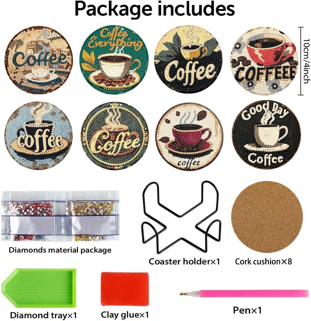 Amshem 8Pcs Vintage Coffee Diamond Art Coaster Kit with Holder,Coffee Diamond Painting Coasters Kits,Crafts Kits for DIY Coasters Diamond Art Kits for Adults image 2