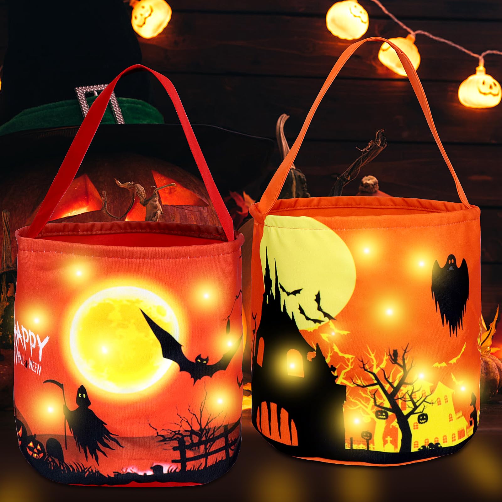 Homgaty LED Halloween-Eimer – 2 Stück, Leuchtende Süßigkeiten-Taschen Mit 3 Licht-Effekten