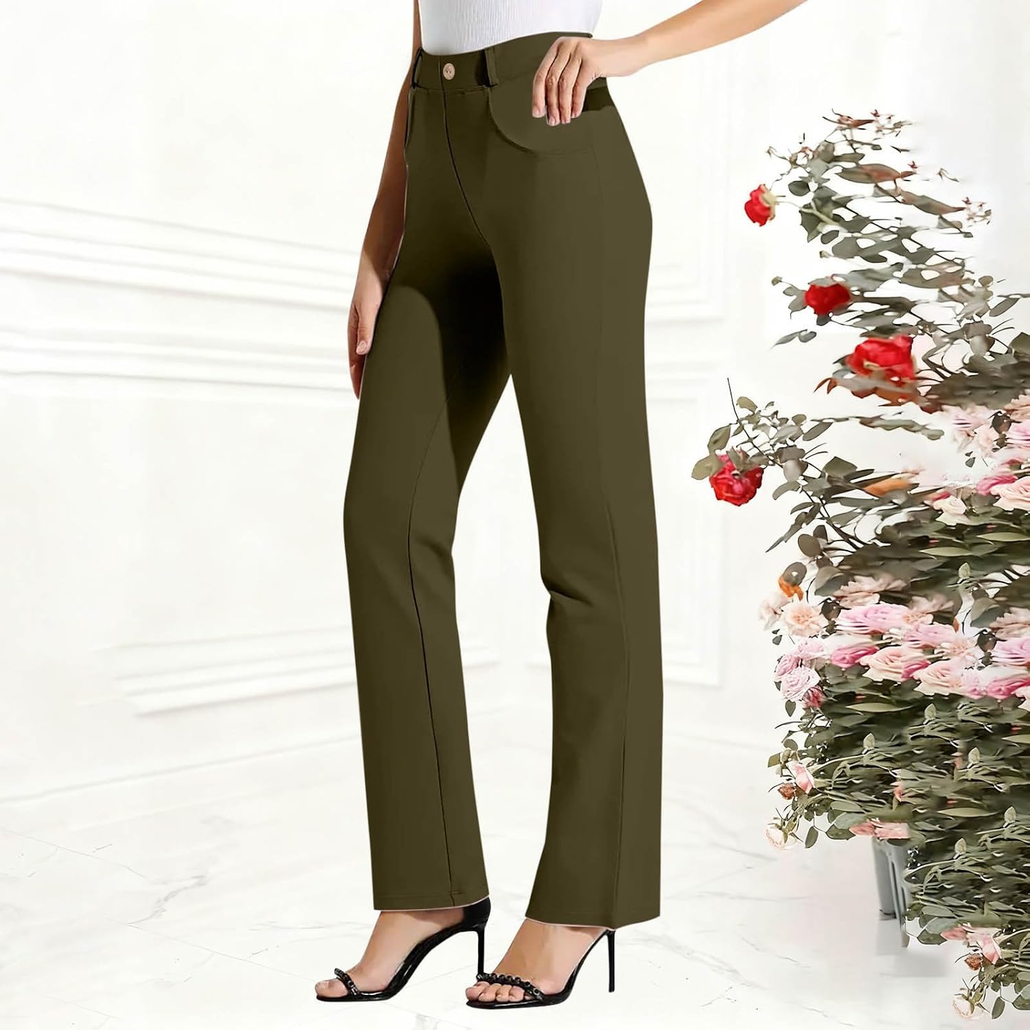 Womens Stretchy Dress Pants 2 Pockets High Waist Pull On Office Slacks Casual Business Work Pants Long Trousers