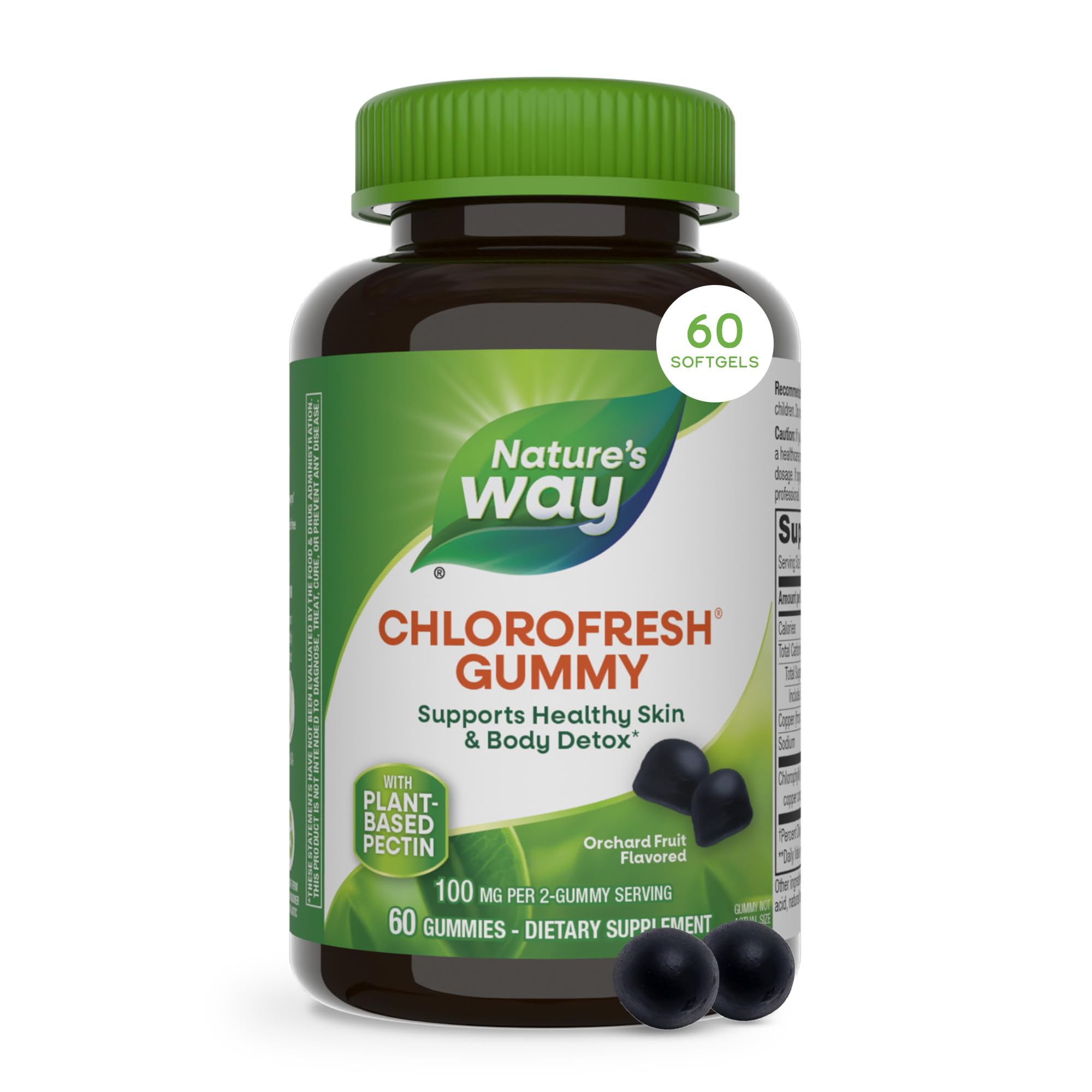 Nature's Way Chlorofresh Chlorophyll Gummies, Supports Healthy Skin and Body Detox*, Internal Deodorant*, Orchard Fruit Flavored, 60 Gummies 60 Count (Pack of 1)
