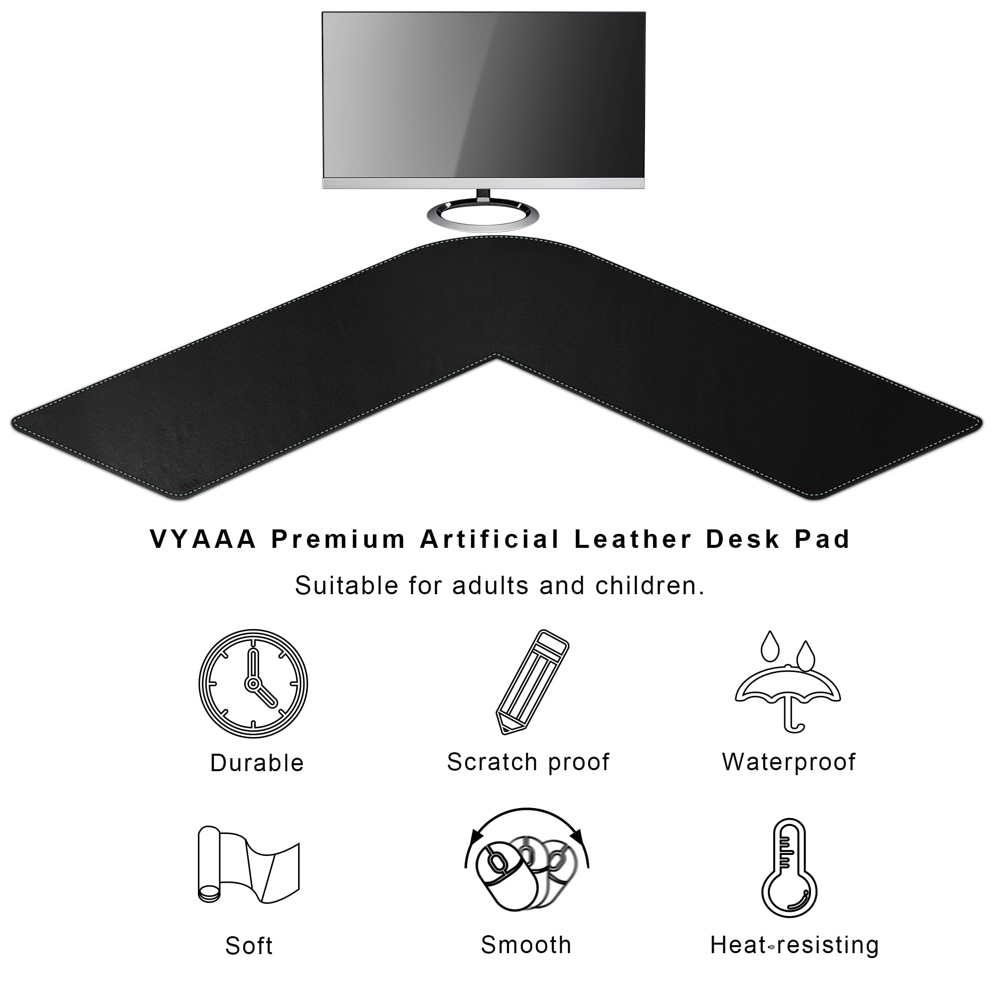 Vyaaa Tapis de bureau d'angle, (100 cm + 100 cm) x 33 cm Tapis de bureau en cuir PU en forme de L, Tapis de bureau d'angle réversible en forme de L, Tapis de souris de jeu XL pour ordinateur, jeux