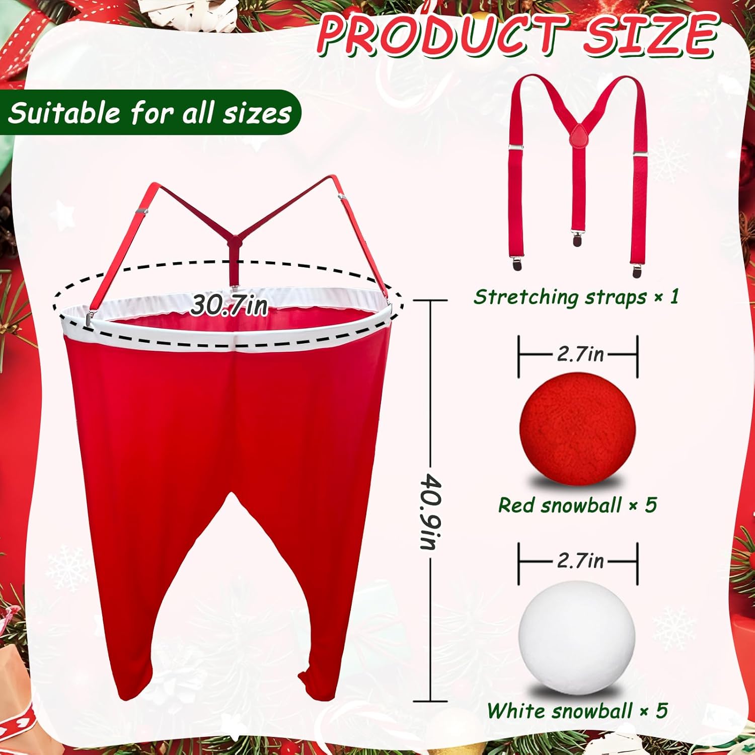 Christmas Granny Pants Outdoor Game Set，Santa Pants Snowball Fight Red with 10 Plush Balls，Fun Family Reunion & Adult Yard Games for Groups Beach and Backyard Games