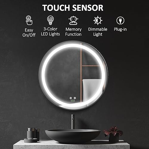 Miniatura 2 de kleankin Espejo de baño iluminado de 28 pulgadas para pared, espejo LED regulable con 3 colores de temperatura, función de memoria, espejo redondo
