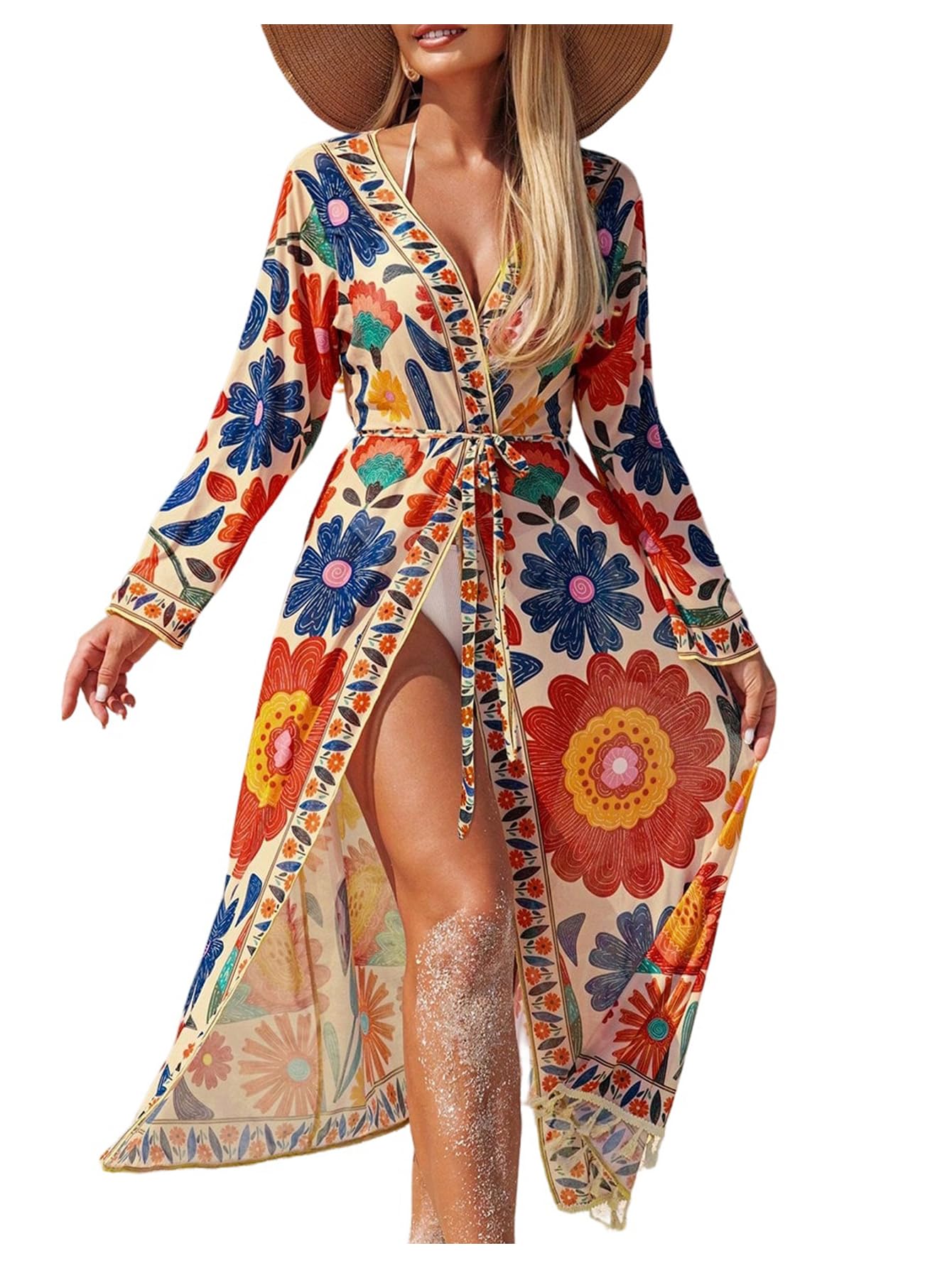 OYOANGLE Beach Cover Ups for Women Floral Long Sleeve Belted Long Kimono Cardigans Resort Wear