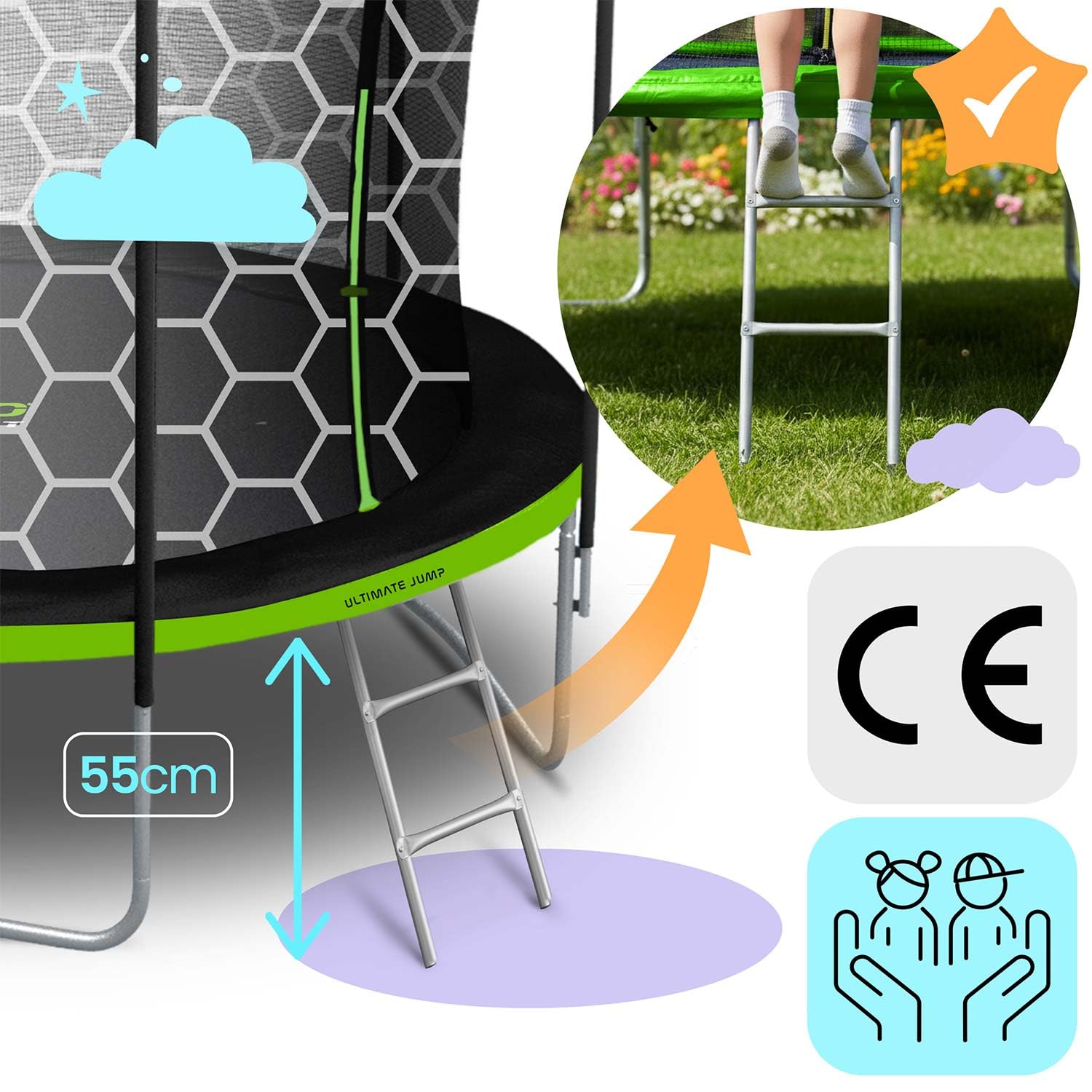 Neo-Sport Trampolina Ogrodowa Dla Dzieci Z Wewnętrzną Siatką Zabezpieczającą Drabinką 183 cm 6 ft Czarny Zielony