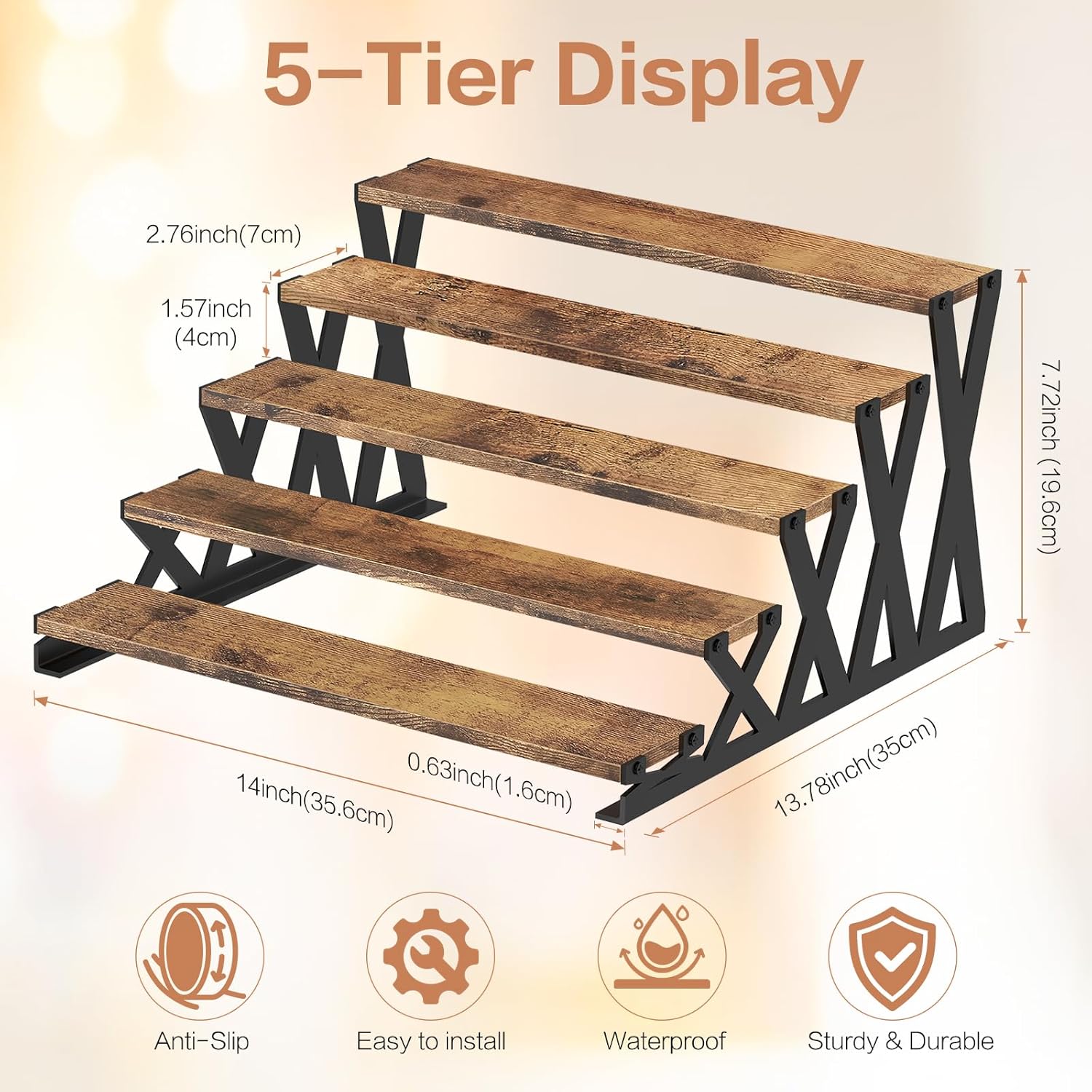 KALYLOC 5 Tier Wooden Display Riser Stand 13.8 Inch Metal Step Perfume Stand Organizer Tabletop Tiered Display Shelf Rack for Cologne Cupcake Spice Figures Cosmetics Candles (Brown, X-Shape) - Image 3