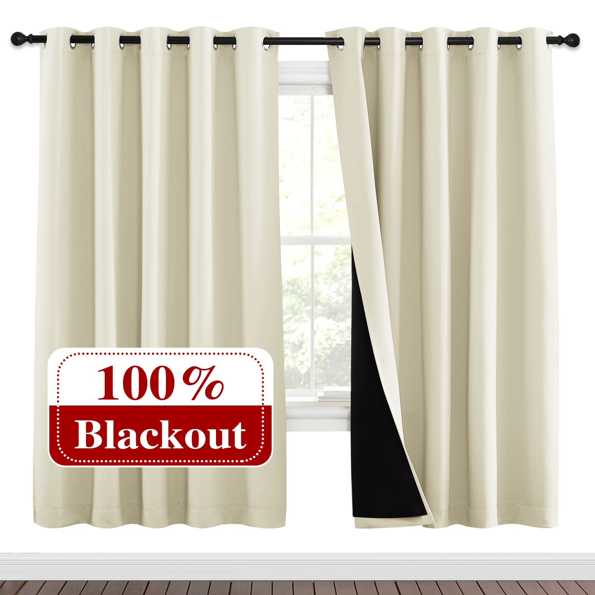 NICETOWN Living Room Completely Shaded Draperies, Privacy Protection &amp; Noise Reducing Ring Top Drapes, Black Lined Insulated Window Treatment Curtain Panels (Beige, 2 Pieces, W70 x L72)
