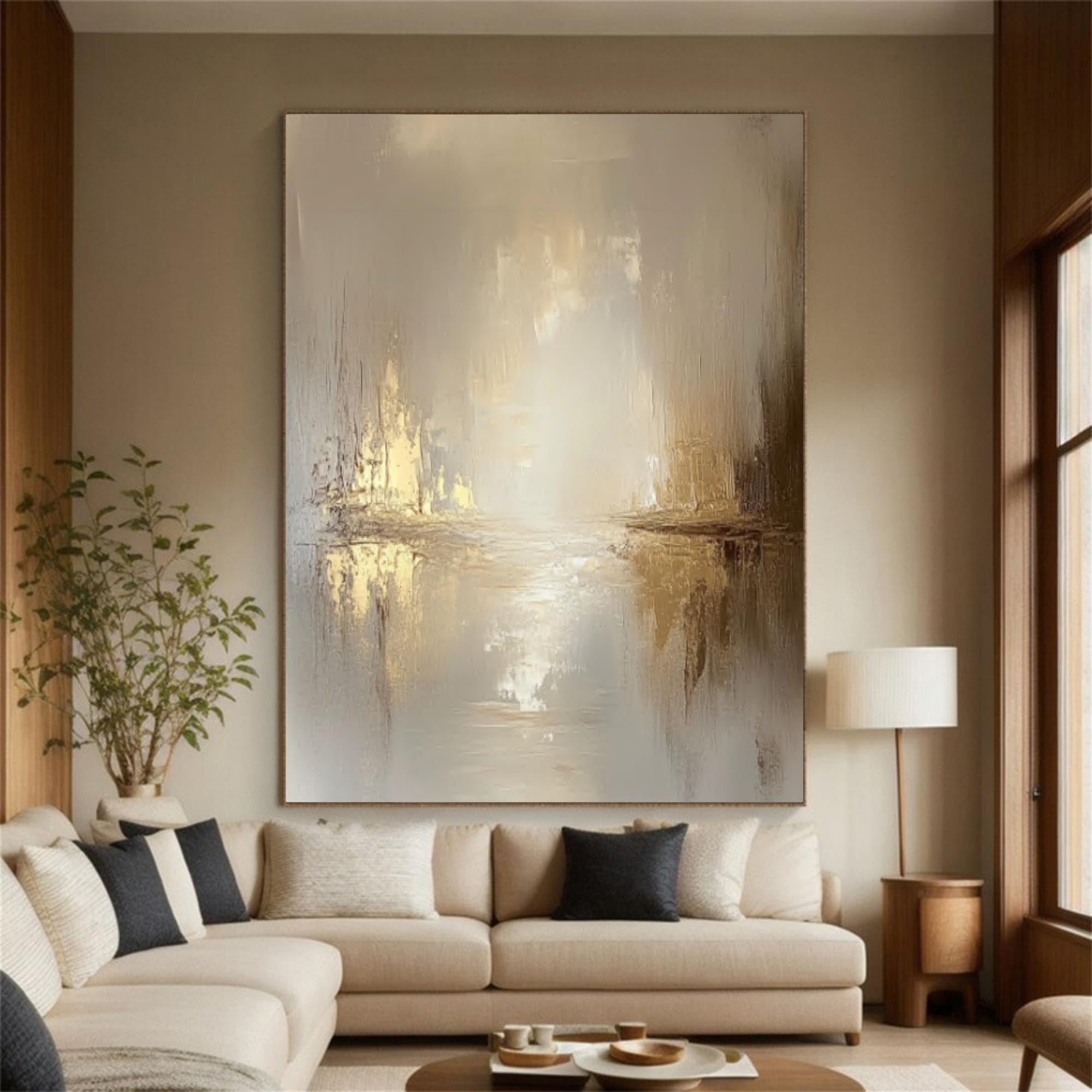 Uudezo With Frame Beige And Gold Abstract Painting: Modern Canvas Art Artwork For Wall Decor(50X75cm(20X30inch)