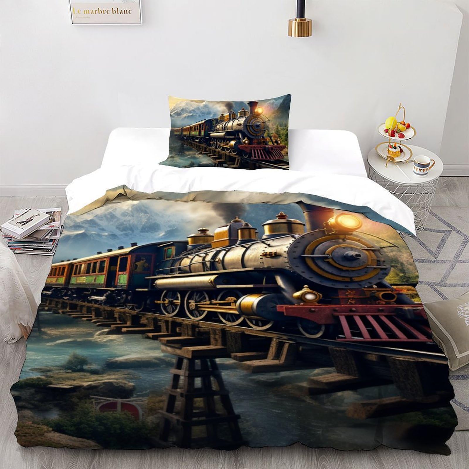 Housse de couette train à vapeur en microfibre douce et infroissable pour lit 1 place