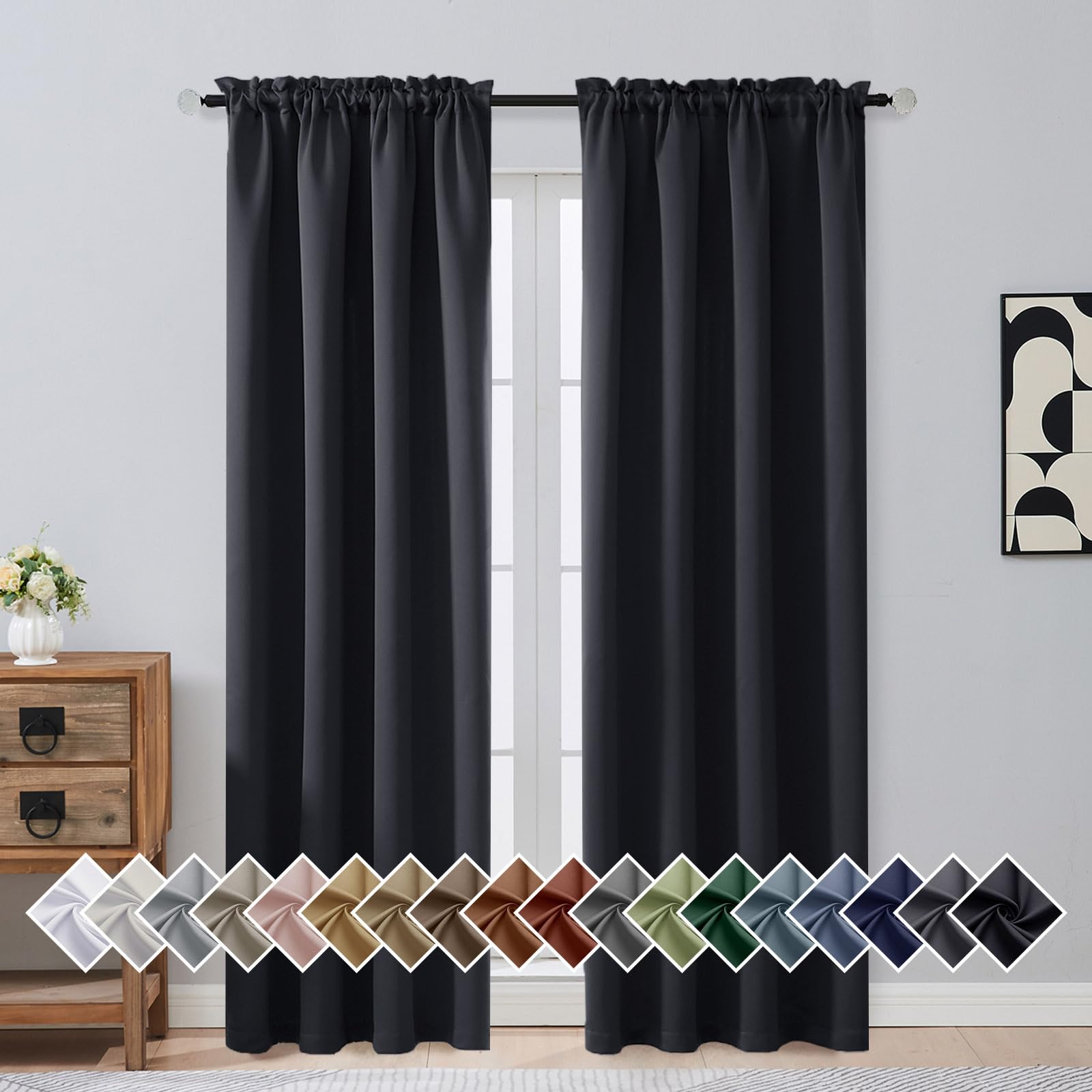 OVZME Cortinas opacas negras para dormitorio, juego de 2 paneles de tela suave para oscurecer la habitación, para sala de estar, diseño de doble bolsillo para cortinero, cortinas modernas para ventana