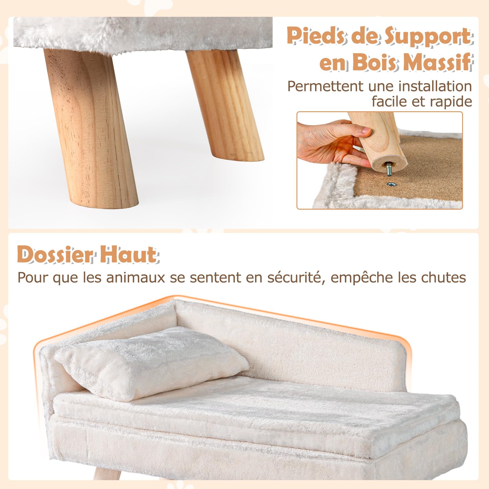 COSTWAY Canapé Lit pour Chien Chat Charge 30/50 kg, Oreiller et Coussin Amovibles, 4 Pieds en Bois, Panier pour Chien Chat Moyens & Petits, Dossier Haut (Beige,71 x 43 x 40 cm)