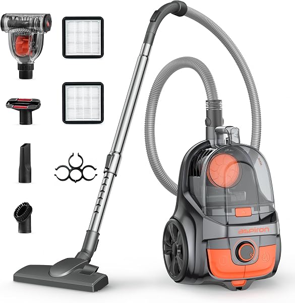 Aspiron Canister Vacuum, Upgraded 1600W Bagless Canister Vacuum Cleaner, Auto Cord Rewind, H13 HEPA Filter, 4Qt Large Capacity, 5 Tools for Hard Floors, Carpet, Pet, Upholstery, Car, Apricot - 1