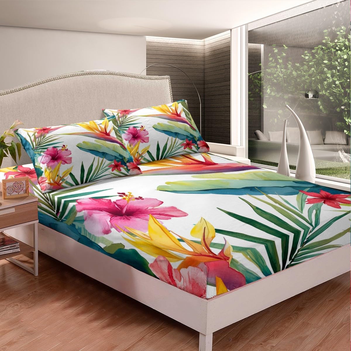 Tropical Palm Botanical Bed Sheet Set Queen,Watercolor Flower Leaf Bedding Set Jungle Plant Sheet Sets For Kids Girls Teens Women,Green Red Floral Leaves Fitted Sheet + Flat Sheet + 2 Pillow Cases